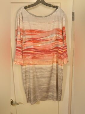St. John Coral & Gray/Taupe Wave-Print Long Sleeve Shift Dress